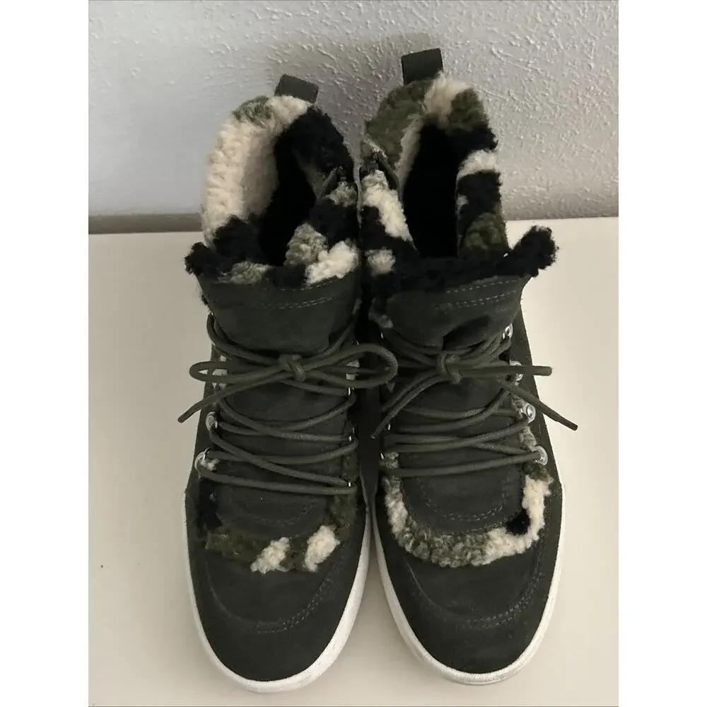 Steve Madden Leather Hi-Top Women 7M Debora Green Suede Camo Sherpa Zip Sneaker - Picture 4 of 9